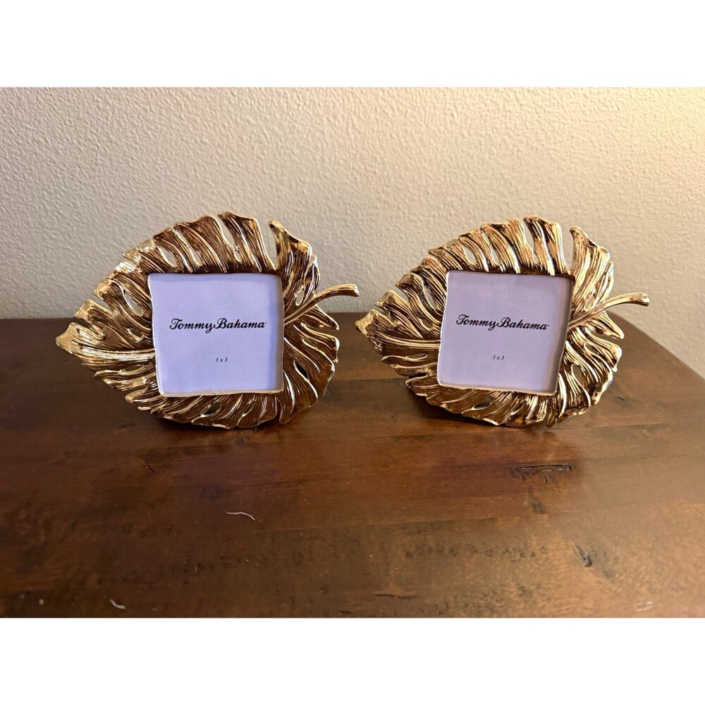 Tommy Bahama Gold Metal Leaf Photo Frame Fits 3" x 3" Photo- Set of 2 NWOT